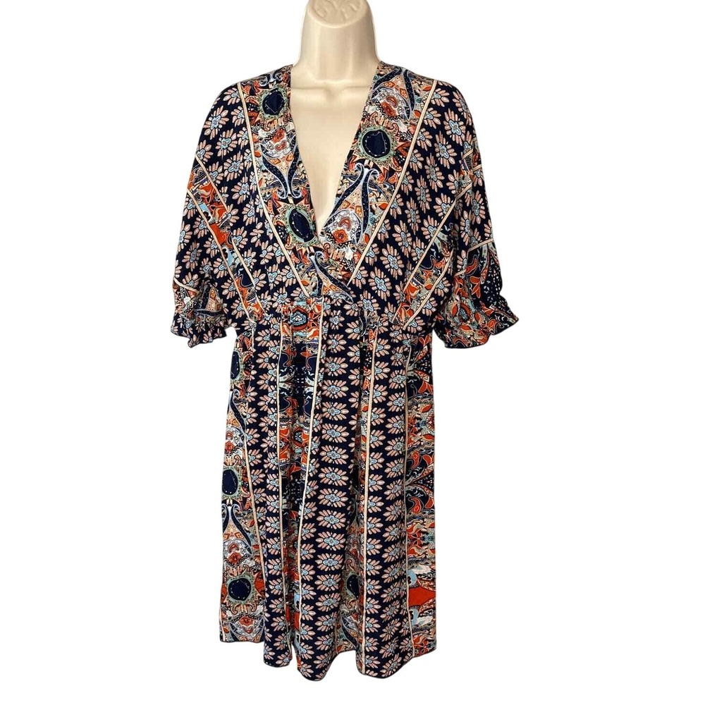 Boho Paisley Floral Patchwork V-Neck Midi Dress Navy Orange Short‎ Sleeve L